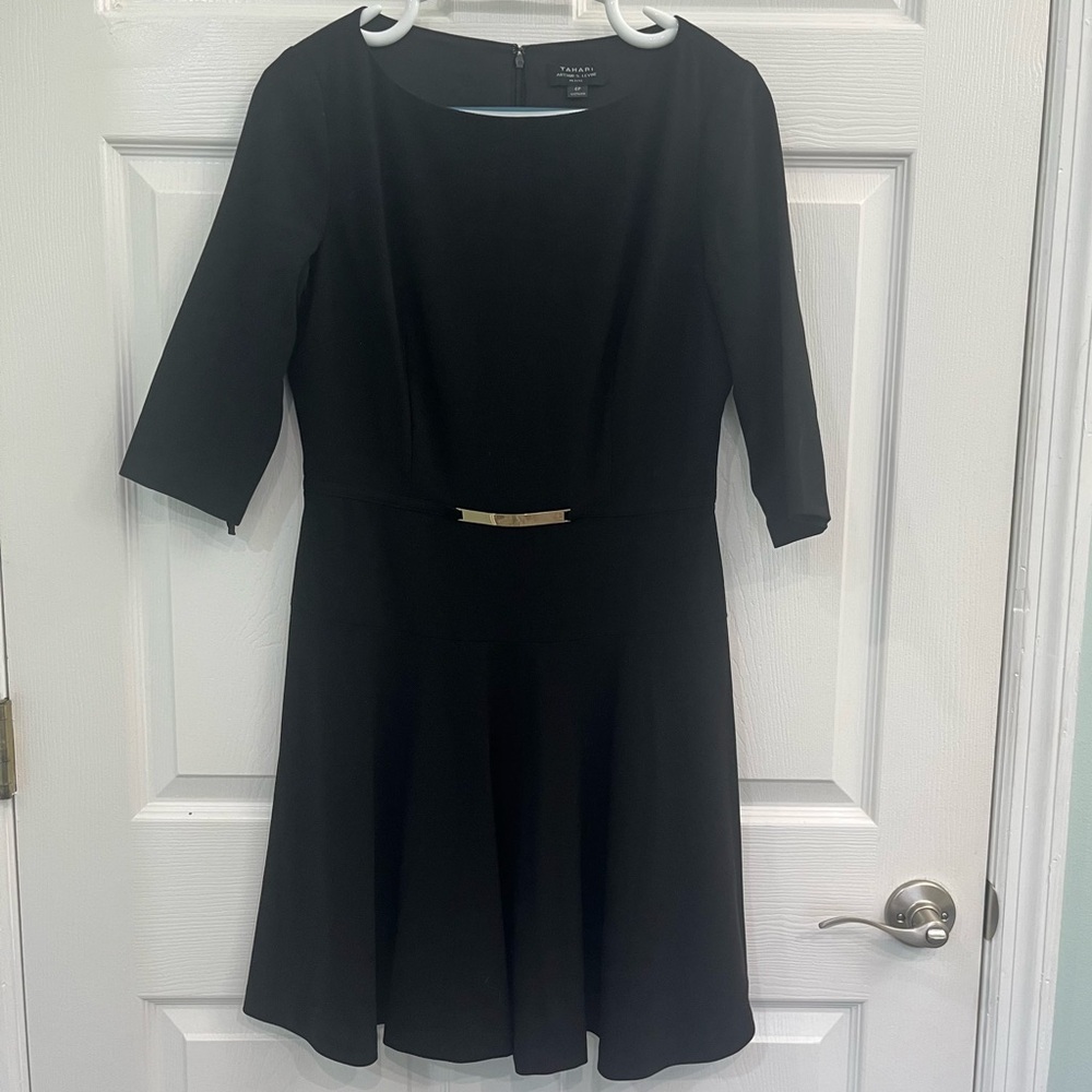 Tahari Black 3/4 Sleeve Pleated Gold Buckle Fitted Women's Petite Mini Dress